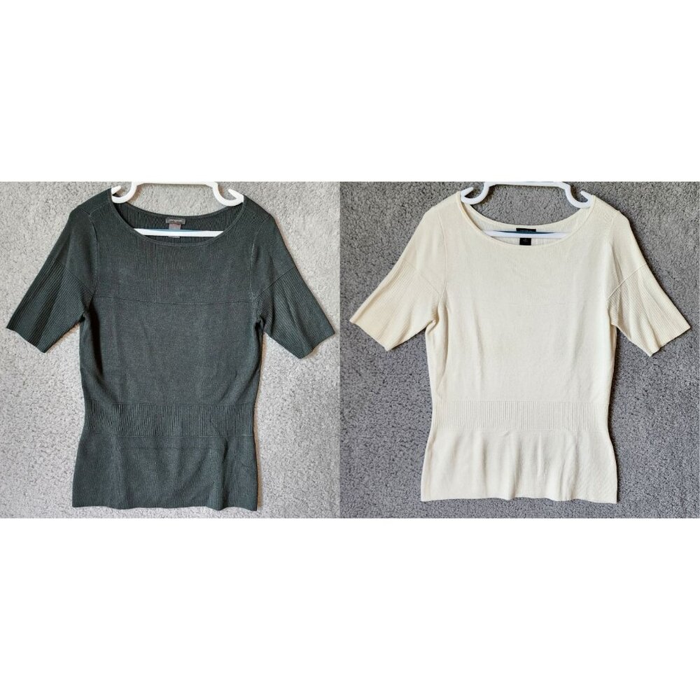 x2 Ann Taylor‎ Short Sleeve Knit Sweater Blouse Top Rayon Blend Green/Cream Sz M